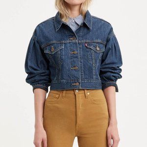 NWT Levi's Denim Jeans Jacket Trucker Dark Blue Cropped Boho Size Medium
